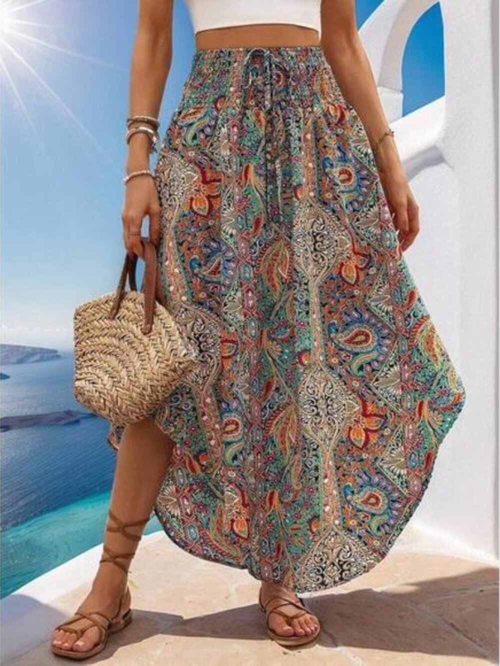 Wandoria Holiday Random Paisley Print Curved Hem Skirt Maxi Vacation Beach Outfi